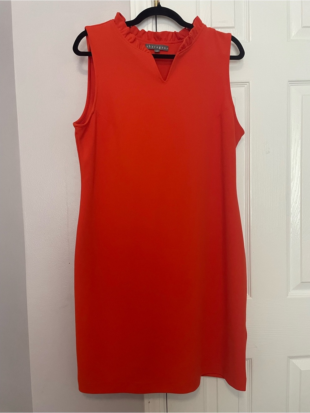 Sharagano Neon Orange Sleeveless Midi Dress with Ruffled Collar